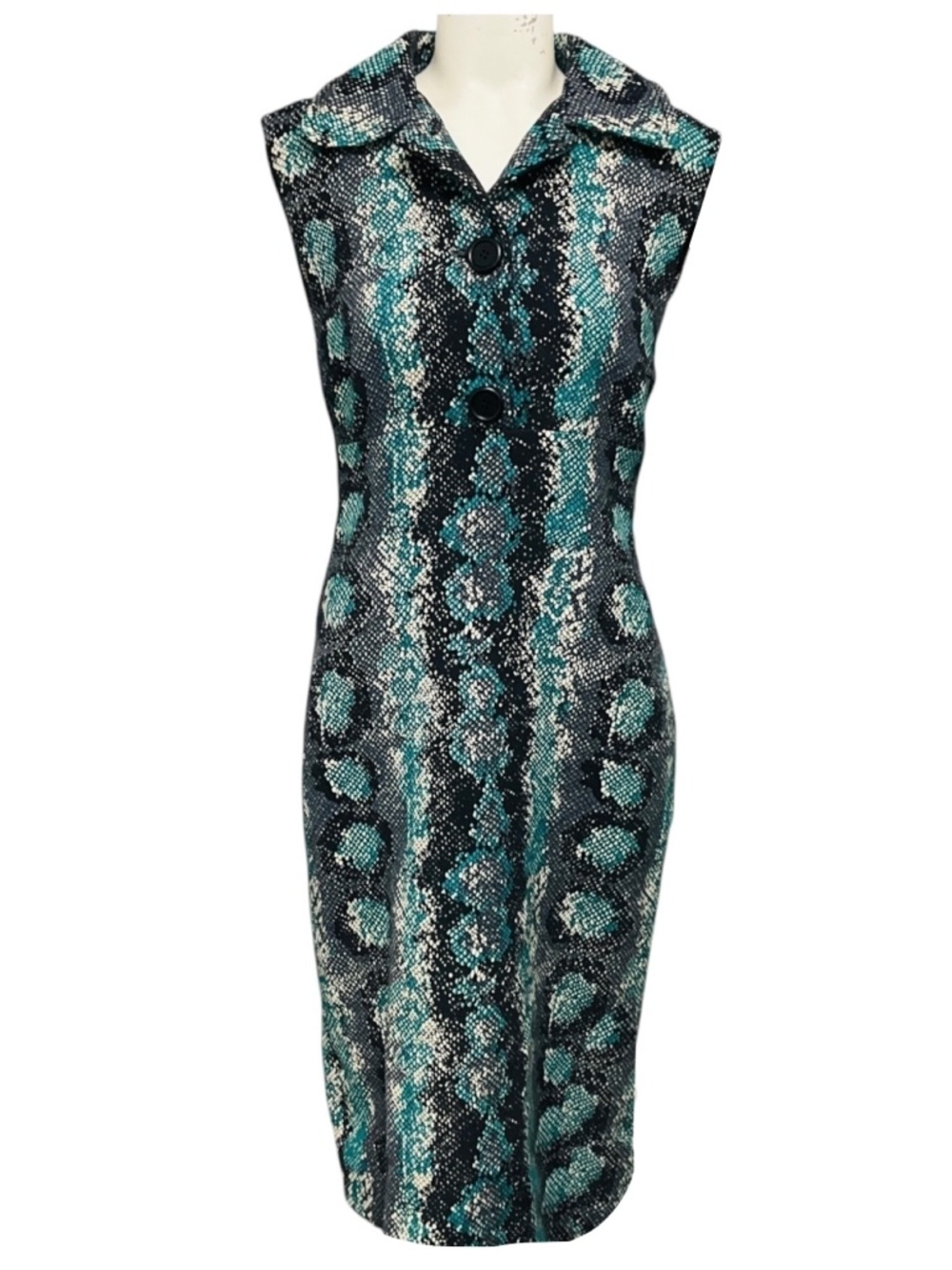 PRADA TEAL / IVORY / BLACK SNAKE PRINT SLEEVELESS WOOL CREPE MIDI DRESS